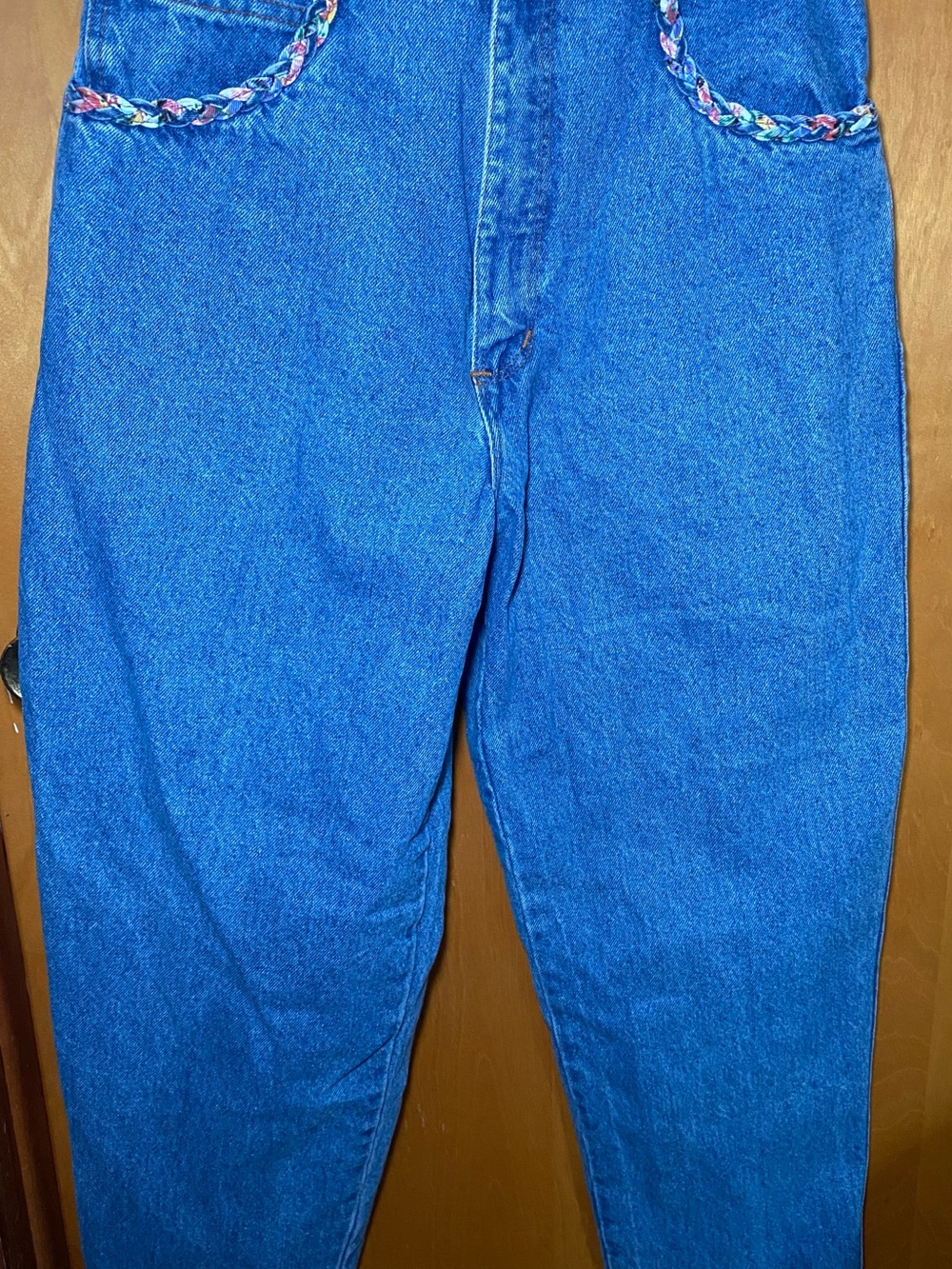 Relaxed Fit Women's Jeans in Classic Blue with Braided Pocket Trim vintage